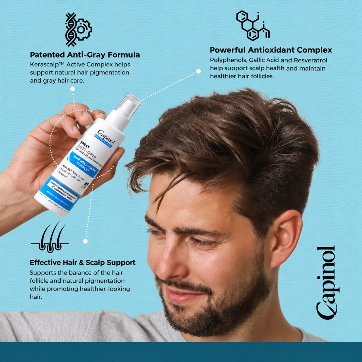 رجل يستعمل بخاخ Capinol المضاد للشيب على شعره